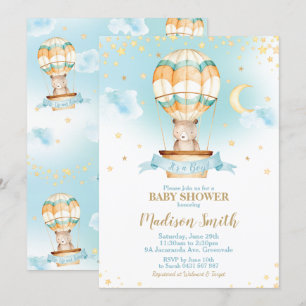 Hot Air Balloon Teddy Bear Baby Shower Boy Invitation