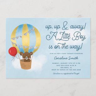 Hot Air Balloon Teddy Bear Blue Baby Shower Invitation