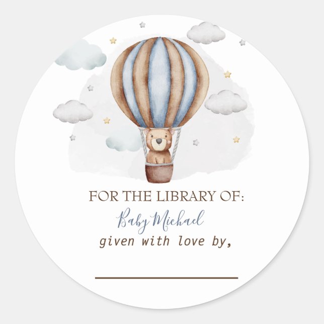 Hot Air Balloon Teddy Bear Clouds Baby Shower Classic Round Sticker (Front)