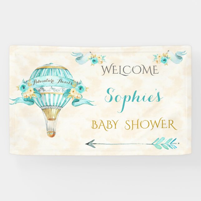 Hot Air Balloon Turquoise Gold Arrows Roses Banner (Horizontal)