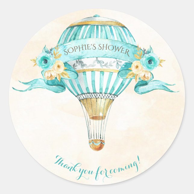 Hot Air Balloon Turquoise Gold Yellow Roses Classic Round Sticker (Front)