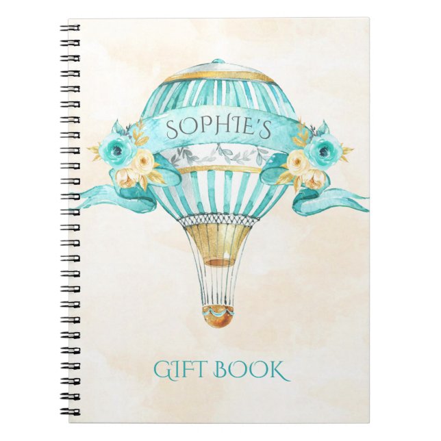 Hot Air Balloon Turquoise Gold Yellow Roses Gift Notebook (Front)