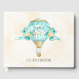 Hot Air Balloon Turquoise Gold Yellow Roses Guest Book