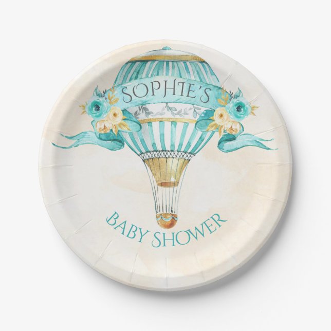 Hot Air Balloon Turquoise Gold Yellow Roses Paper Plate (Front)