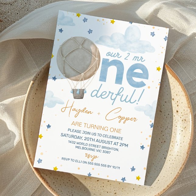 Hot Air Balloon Twins Two Mr Onederdful Birthday Invitation (Twins Hot Air Balloon Two Mr Onederful Birthday Invitation, Twin Boys Mr Onederful Birthday Invite)