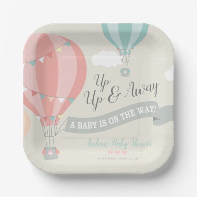 Hot Air Balloon Up & Away Baby Shower Paper Plate (Front)