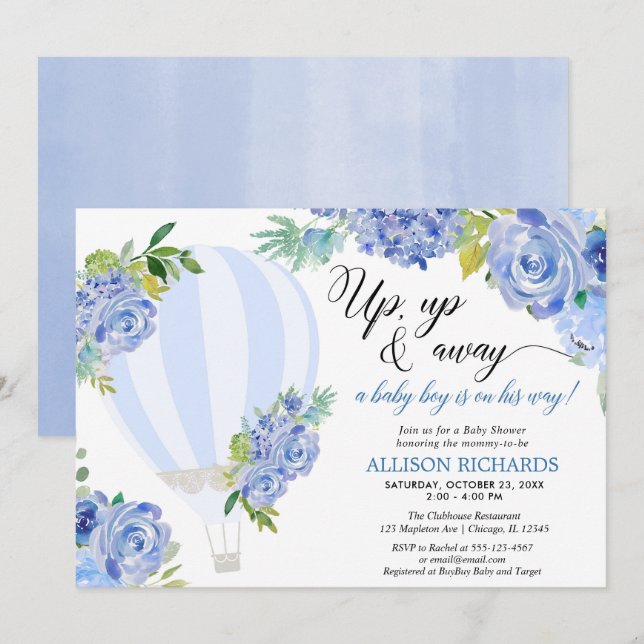 Hot air balloon up up and away boy baby shower invitation (Front/Back)