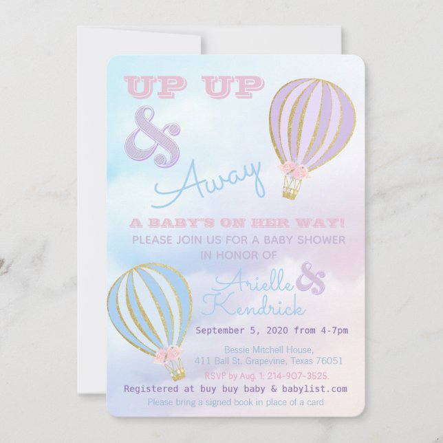 Hot air balloon, up up & away Baby SHower Invitation (Front)