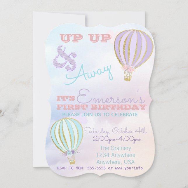 Hot air balloon, up up & away birthday invitation (Front)