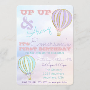 Hot air balloon, up up & away birthday invitation