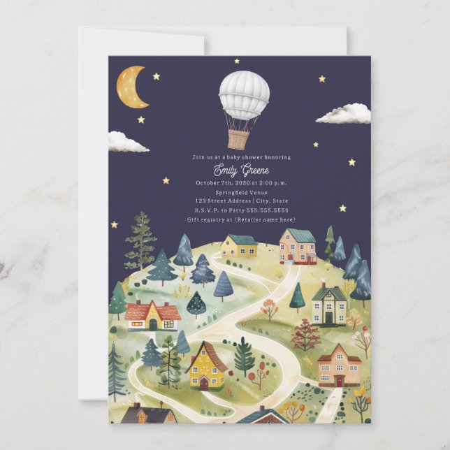 Hot Air Balloon Village Neutral Night Baby Shower Invitation (Front)