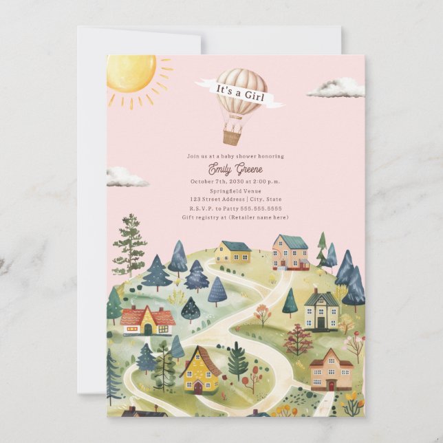 Hot Air Balloon Village Pink Girl Baby Shower Invitation (Front)