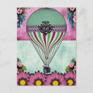 Hot Air Balloon Vintage Floral Postcard