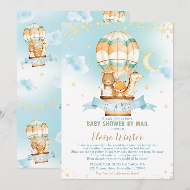 Hot Air Balloon Virtual Baby Boy Shower by Mail Invitation (Front/Back)
