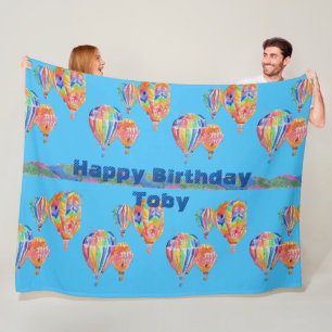 Hot Air Balloon Watercolor Boys Fleece Large Rug Blanket