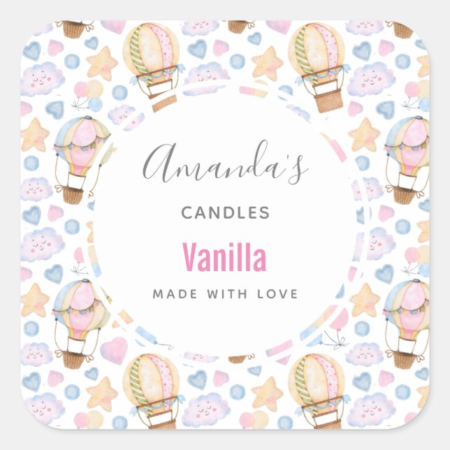 Hot Air Balloon Watercolor Pattern Candle Scent Square Sticker (Front)