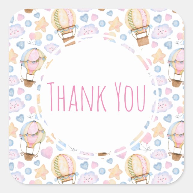 Hot Air Balloon Watercolor Pattern Thank You Square Sticker (Front)
