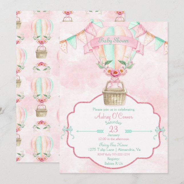 Hot Air Balloon Watercolor Pink Mint Peach Invitation (Front/Back)