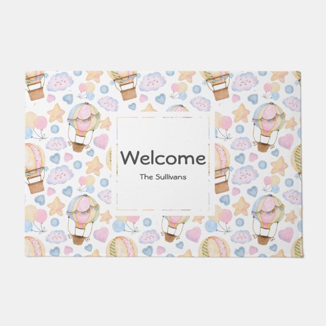 Hot Air Balloon Whimsical Watercolor Pattern Doormat (Front)