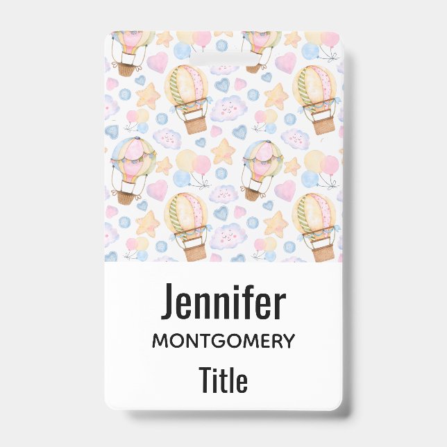 Hot Air Balloon Whimsical Watercolor Pattern ID Badge (Front)