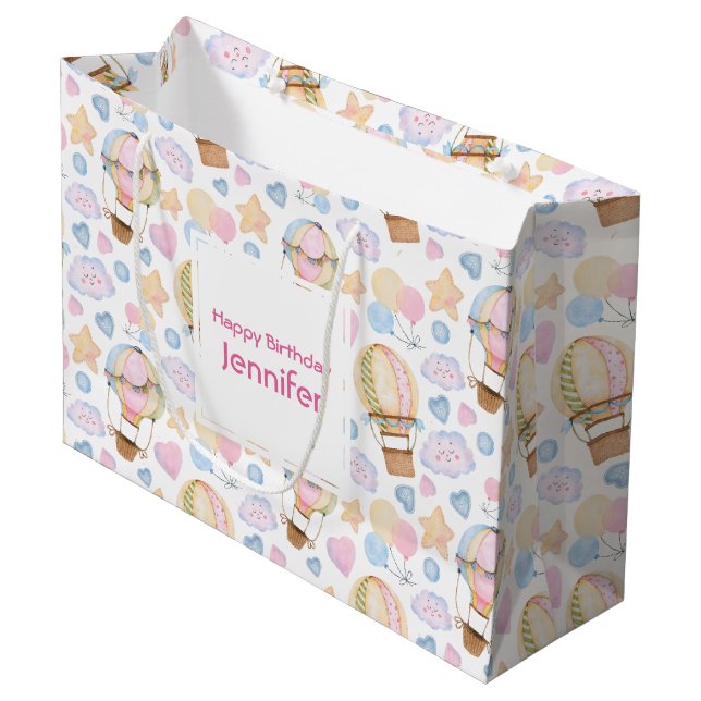 Hot Air Balloon Whimsical Watercolor Pattern Large Gift Bag (Front Angled)