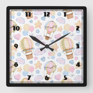 Hot Air Balloon Whimsical Watercolor Pattern Square Wall Clock