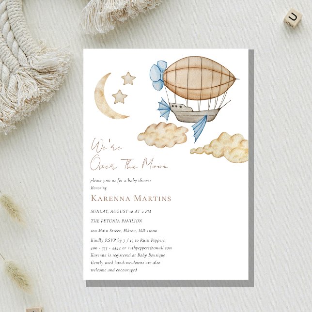 Hot Air Balloon White Over The Moon Baby Shower Invitation (Creator Uploaded)