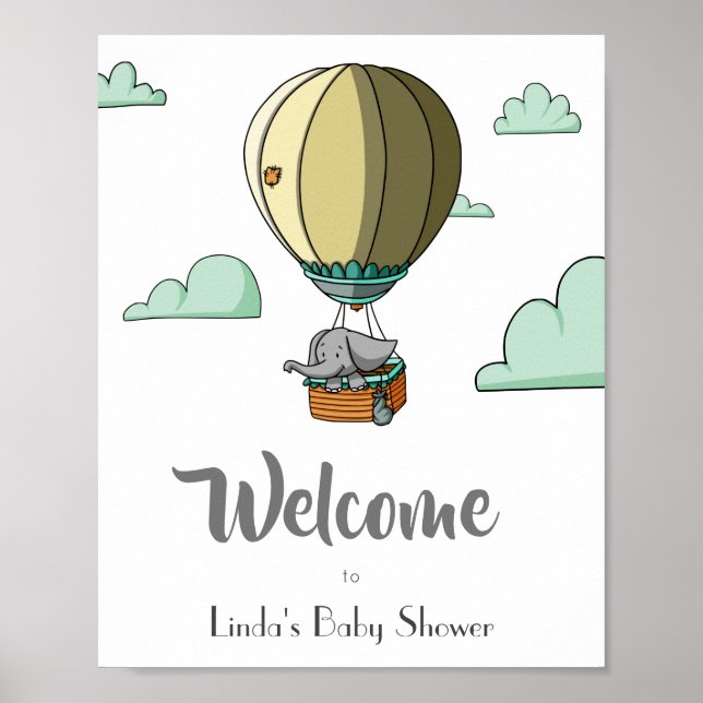 Hot Air Balloon with Elephant Welcome Baby Shower Poster (Front)