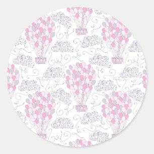 Hot air balloon with party balloons in pink classic round sticker