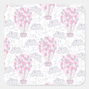 Hot air balloon with party balloons in pink square sticker