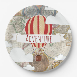 Hot Air Balloon & World Map Vintage Adventure Paper Plate