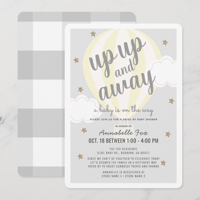 Hot Air Balloon Yellow Drive-by Baby Shower Invitation (Front/Back)