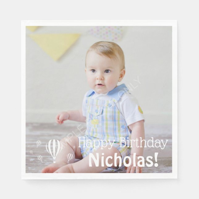 Hot Air Balloons Baby's First Birthday Photo Napkin (Front)