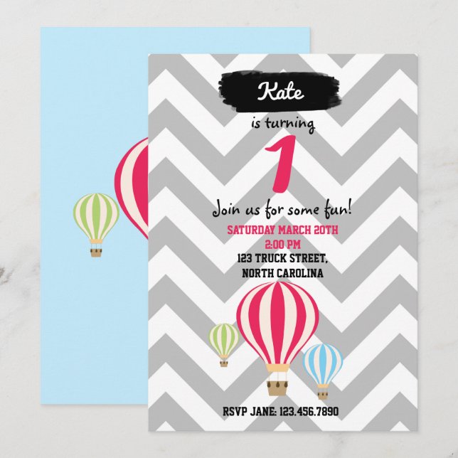Hot Air Balloons Birthday Invitations (Front/Back)