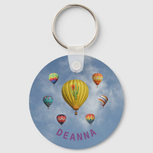 Hot Air Balloons Circle Whispy Clouds Purple Name Key Ring