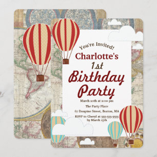 Hot Air Balloons & Clouds World Travel Birthday Invitation