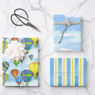 Hot Air Balloons Cloudy Sky Blue Stripe Yellow Wrapping Paper Sheet