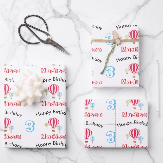 Hot Air Balloons Design Birthday Custom Name Wrapping Paper Sheet (Front)