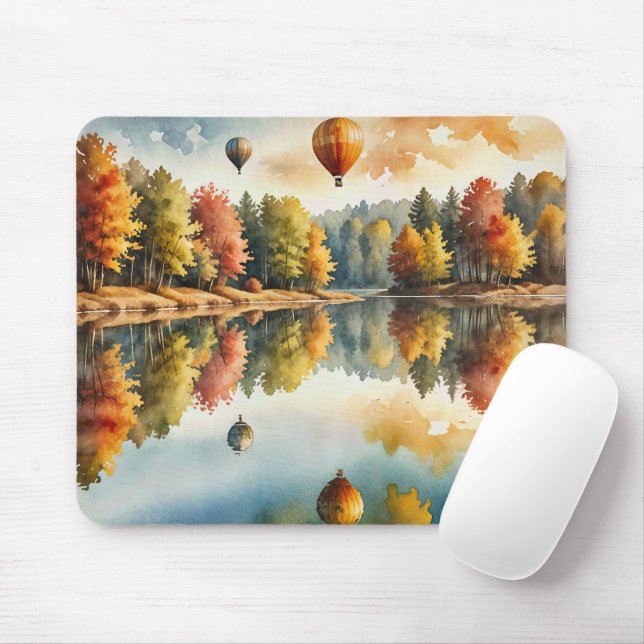 Hot Air Balloons Hovering Over an Autumn Lake Mouse Mat (With Mouse)