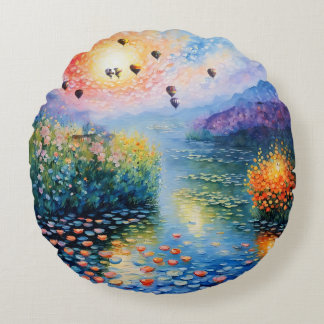 Hot air Balloons over pastel stream Round Cushion