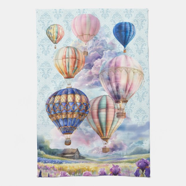 Hot Air Balloons Over Scenic Countryside Tea Towel (Vertical)