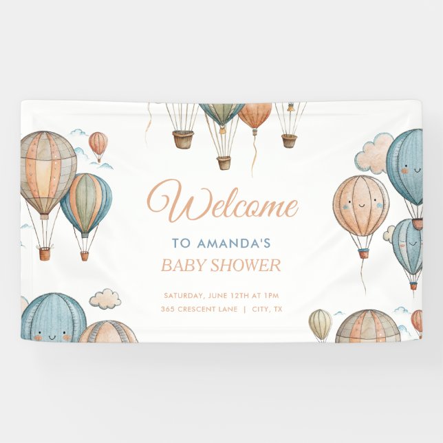 Hot Air Balloons Pastel Boy Travel Baby Shower Banner (Horizontal)