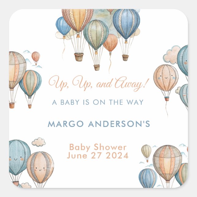 Hot Air Balloons Pastel Boy Travel Baby Shower Square Sticker (Front)