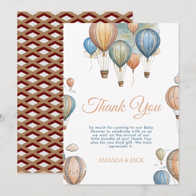 Hot Air Balloons Pastel Boy Travel Baby Shower Thank You Card (Front/Back)
