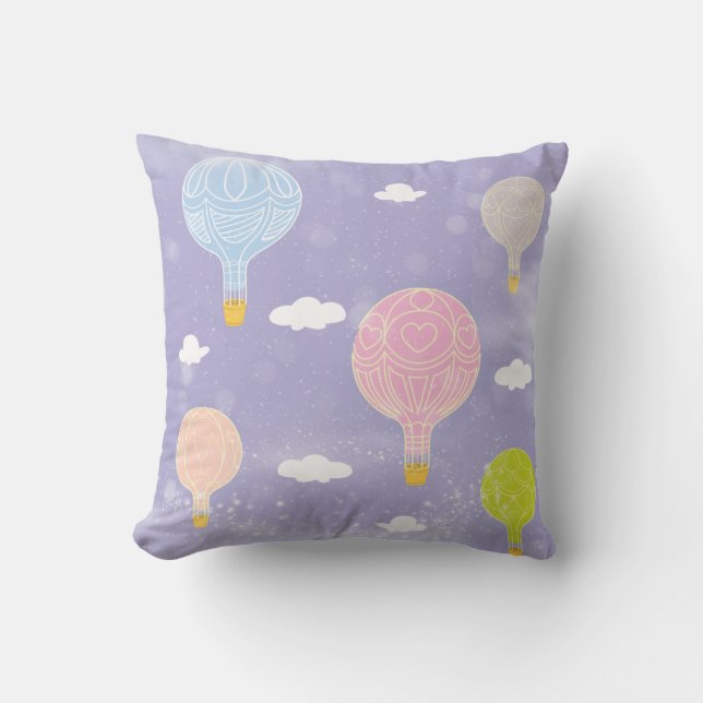 Hot Air Balloons Pastel Purple Pink Blue Peach Cushion (Front)