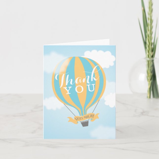 Hot Air Blue Yellow Balloon Thank You Note Card (Front)