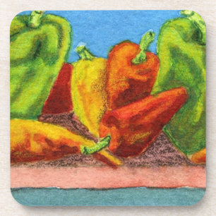 Hot and sweet peppers on kitchen shelf art coaster