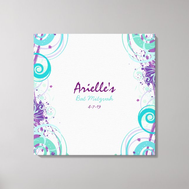 Hot Aqua Swirls Stars Bat Mitzvah Sign In Board (Front)