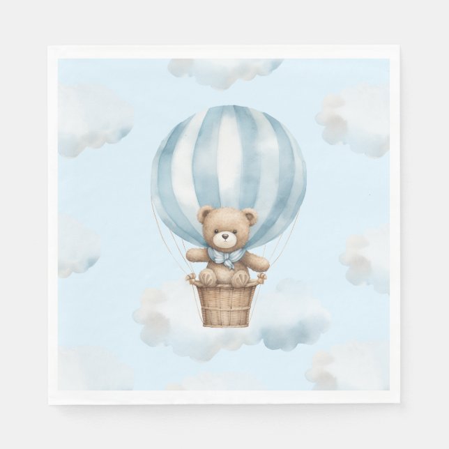 Hot Balloon Teddy Bear Neutral Baby Shower Napkin (Front)