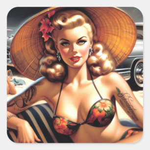 Hot Beach Pin-up Square Sticker